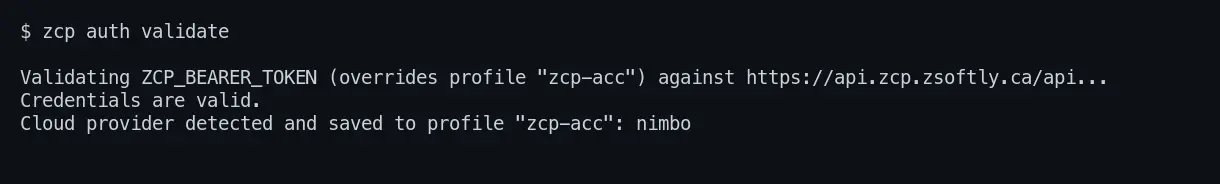 zcp auth validate reporting the credentials are valid