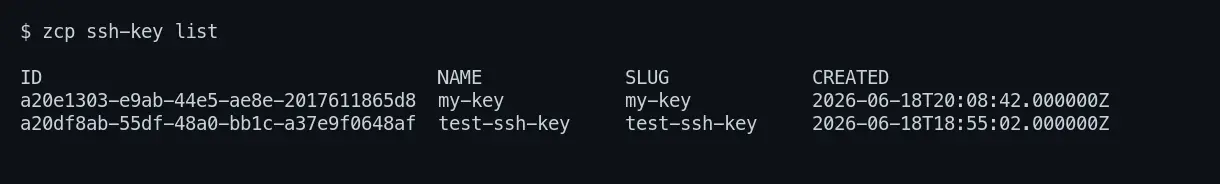 zcp ssh-key list showing the imported key
