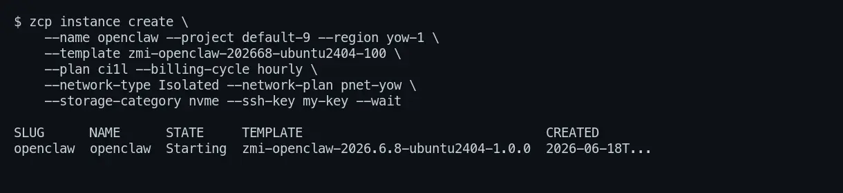 zcp instance create deploying the OpenClaw template