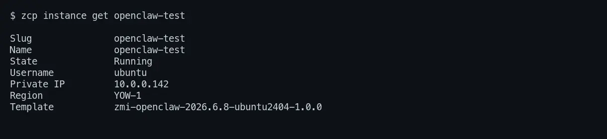 zcp instance get showing the OpenClaw VM Running