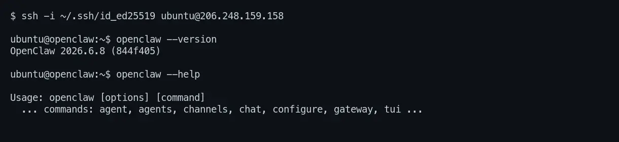 SSH session showing openclaw --version on the VM