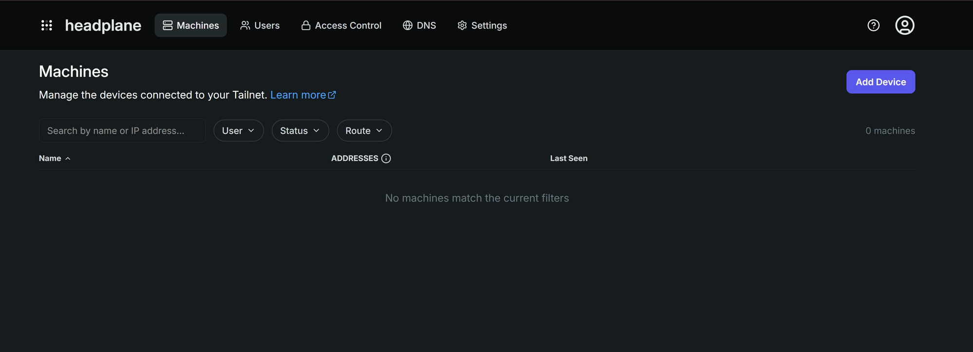 Headplane Machines dashboard after signing in, showing zero machines
