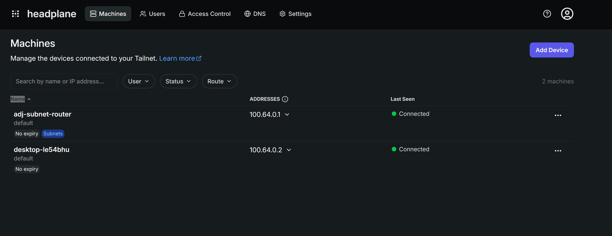 Headplane UI showing both the subnet router and the newly connected device