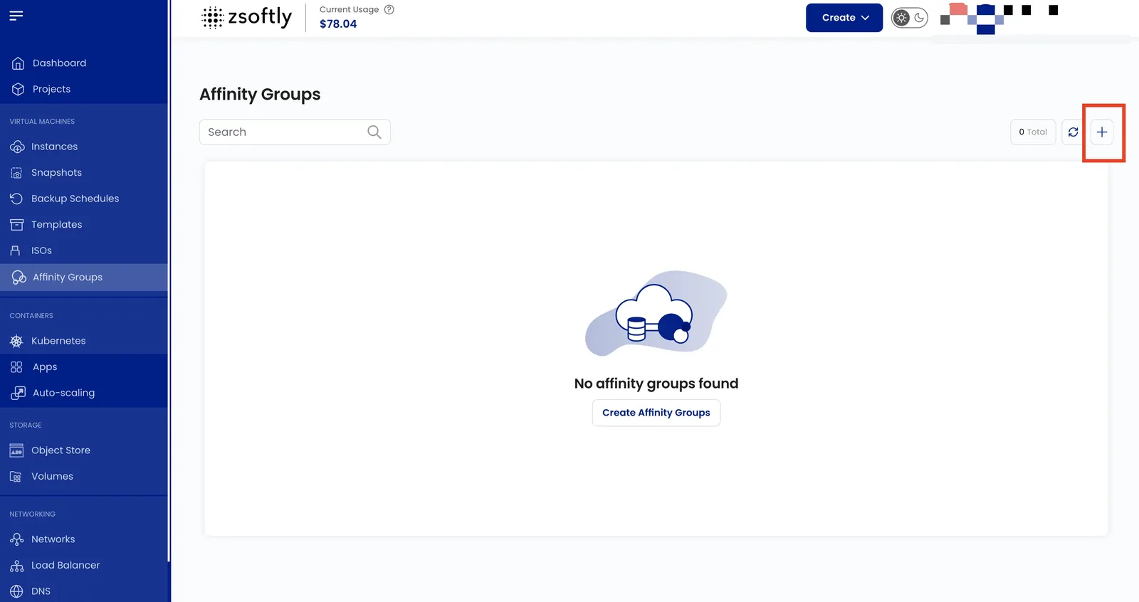 Affinity Groups page in the ZCP portal