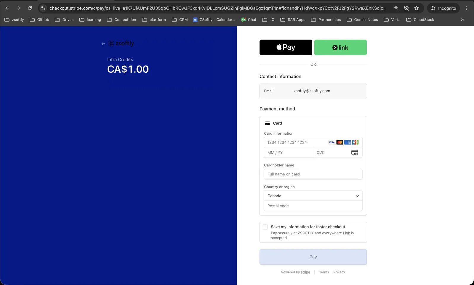 Stripe checkout for the CA$1.00 Infra Credits account-activation payment