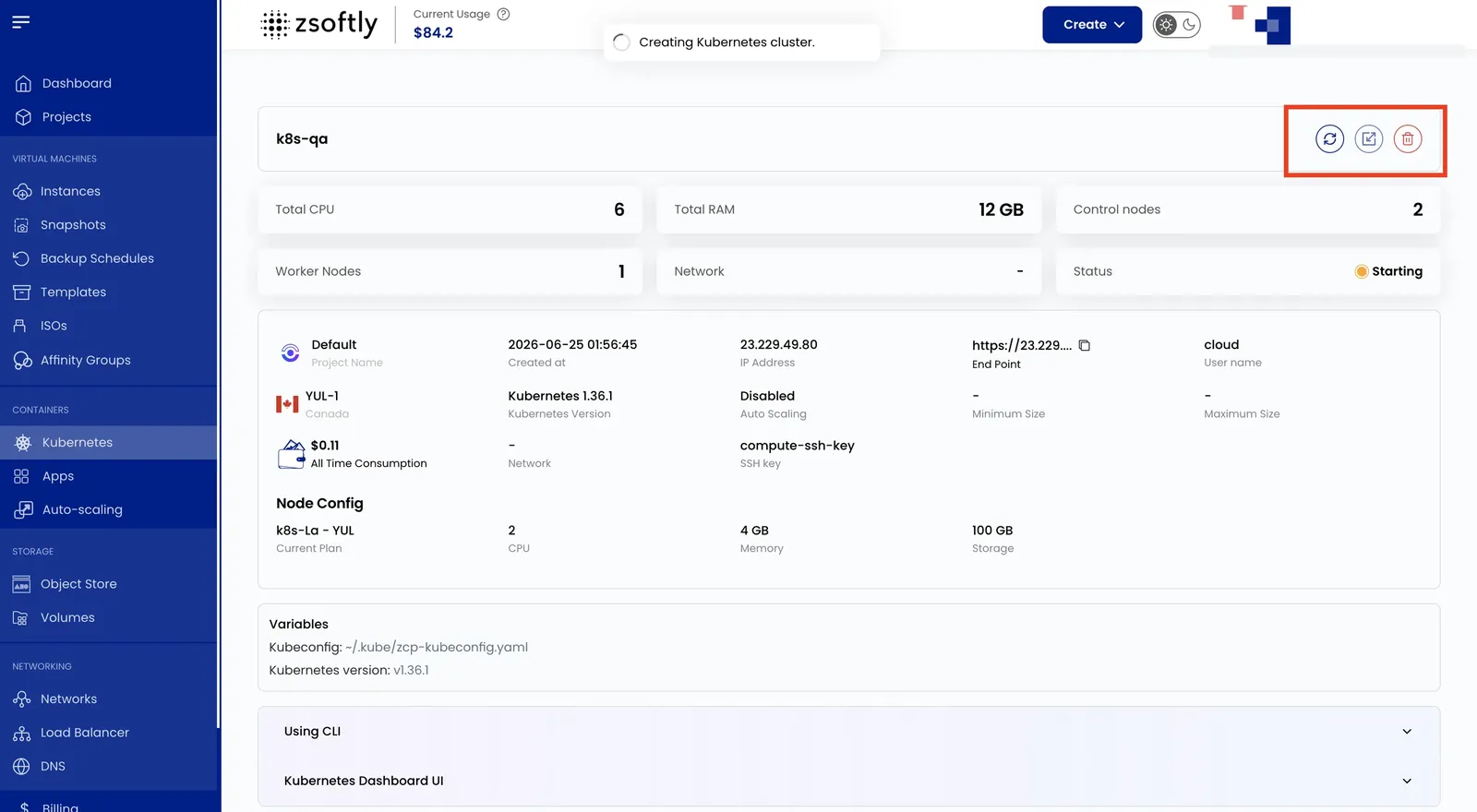 Cluster Overview action buttons: upgrade, refresh, download config, power off, and delete