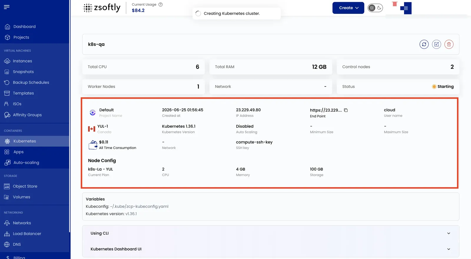 Cluster Information panel: project, endpoints, Kubernetes version, autoscaling, and consumption