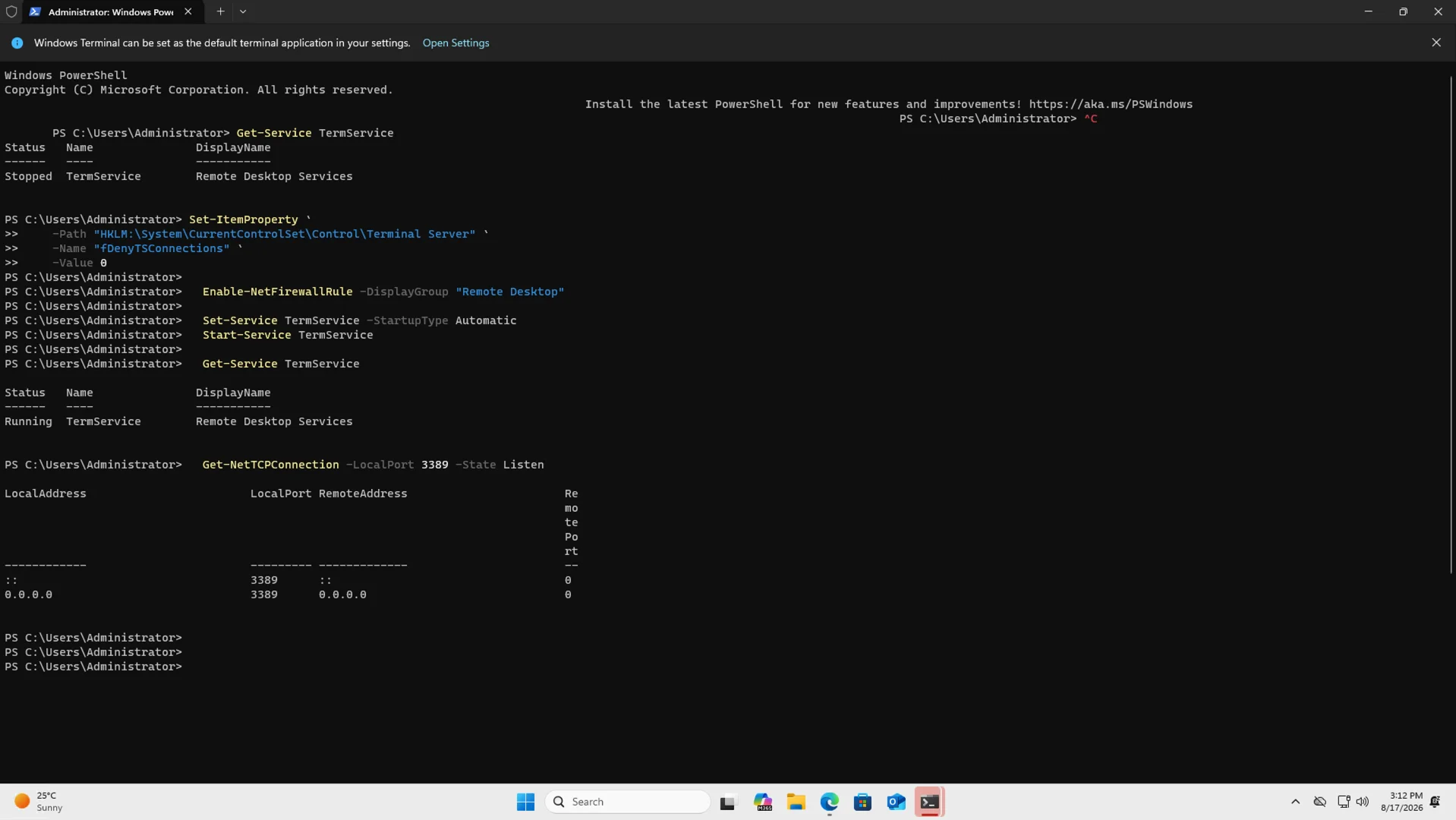 Administrator PowerShell showing the Remote Desktop service running and port 3389 listening