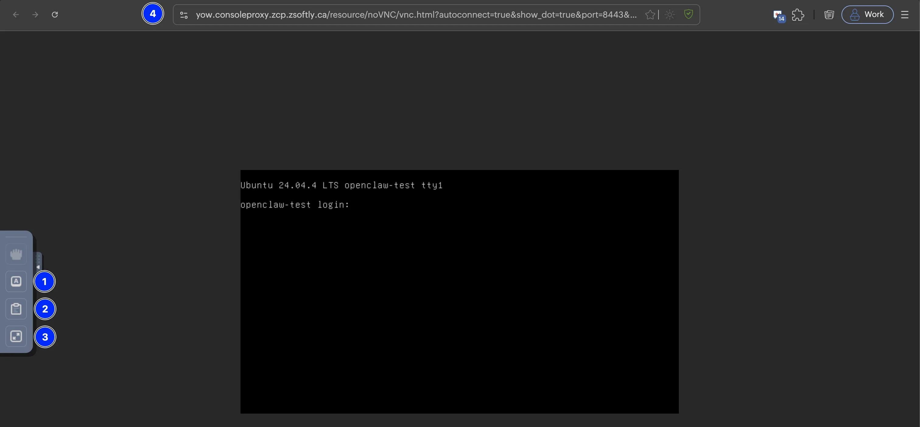 noVNC browser console showing the Ubuntu login prompt and the console toolbar