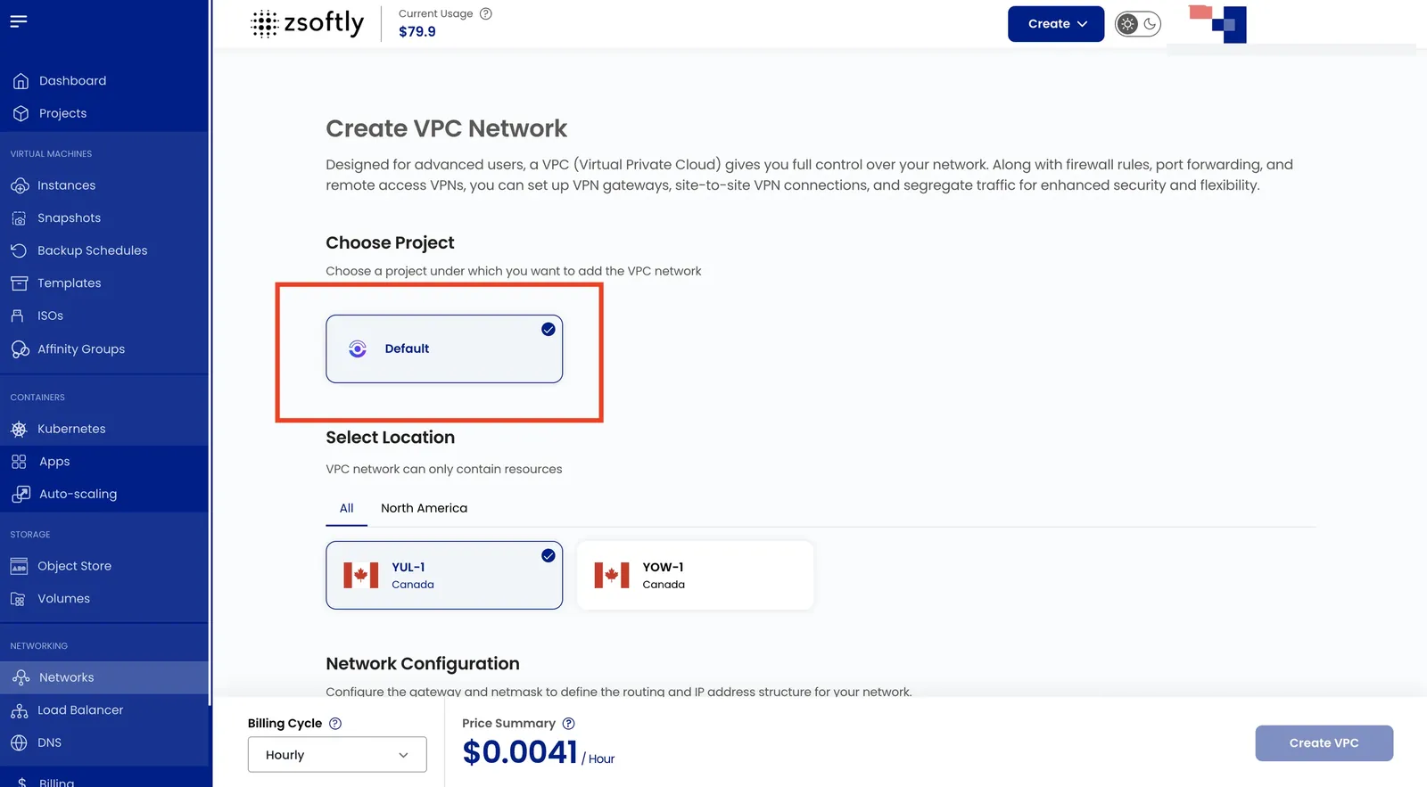 Create Public Network: assign to a project