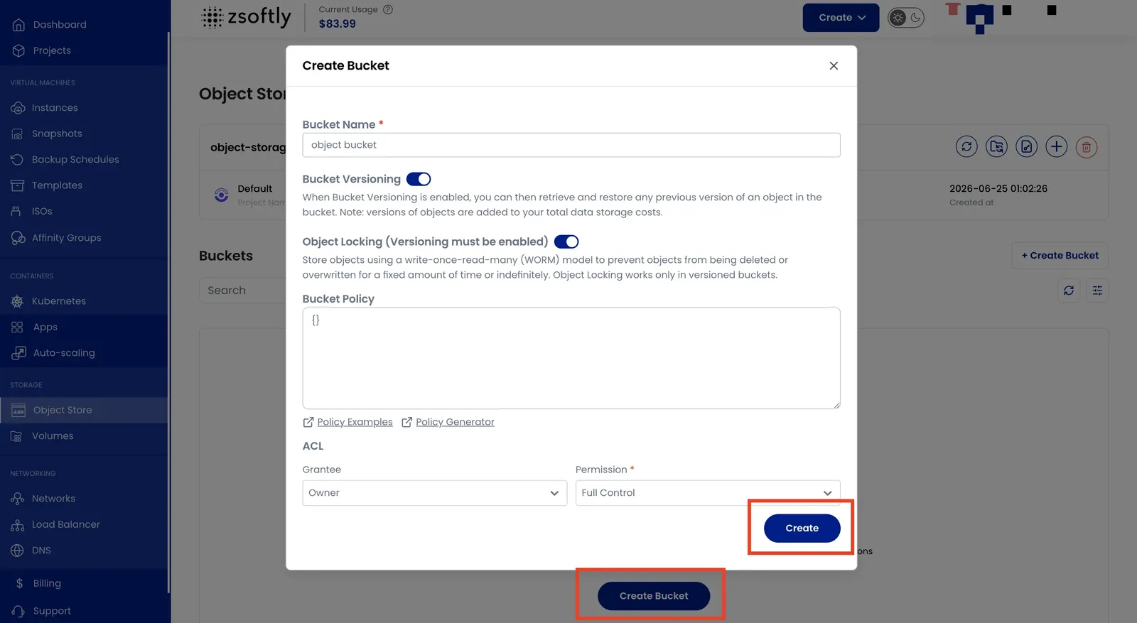 Create Bucket dialog with name, versioning, and object locking options