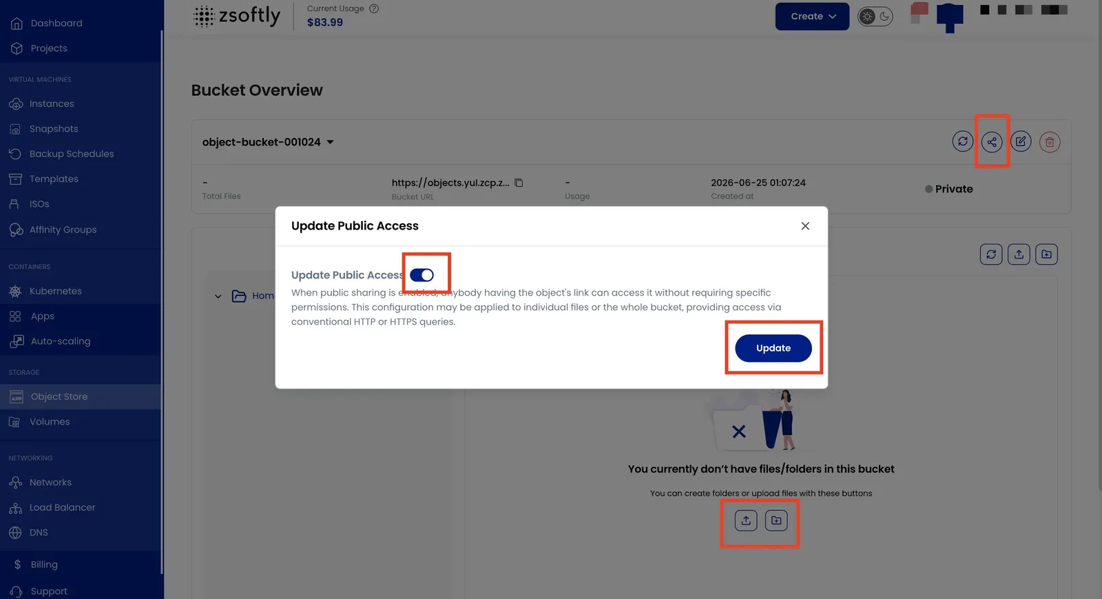 Bucket management view with Share, Upload Files, and Create Folder actions