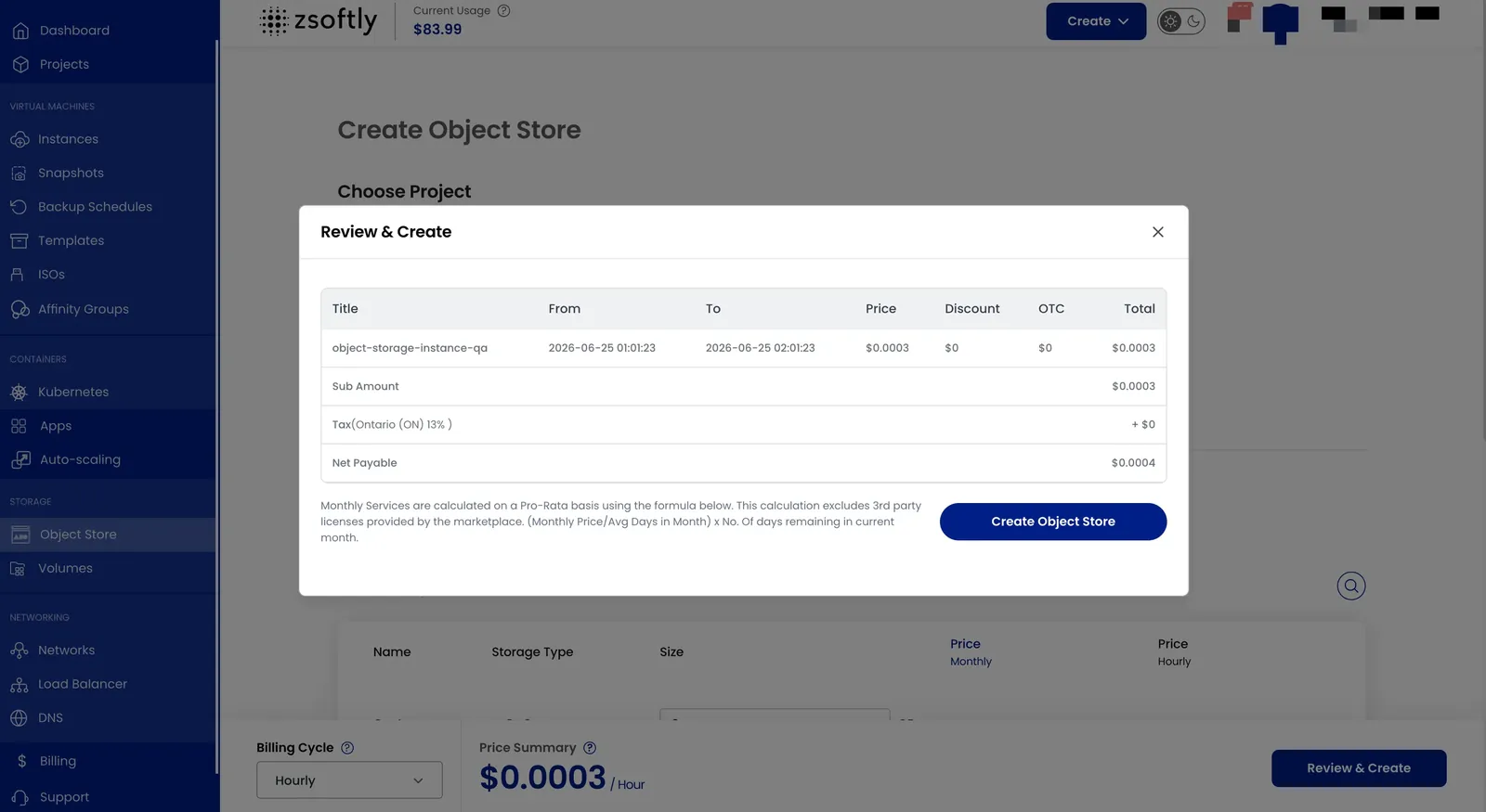 Create Object Storage instance: project, location, size, name, and billing