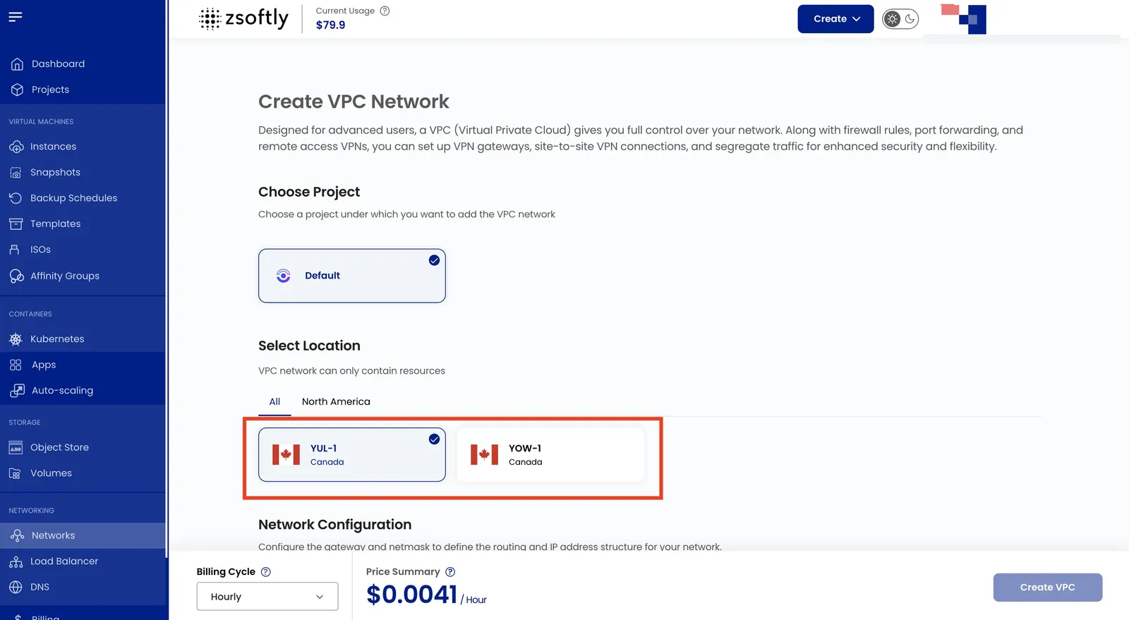 Create Public Network: choose a location