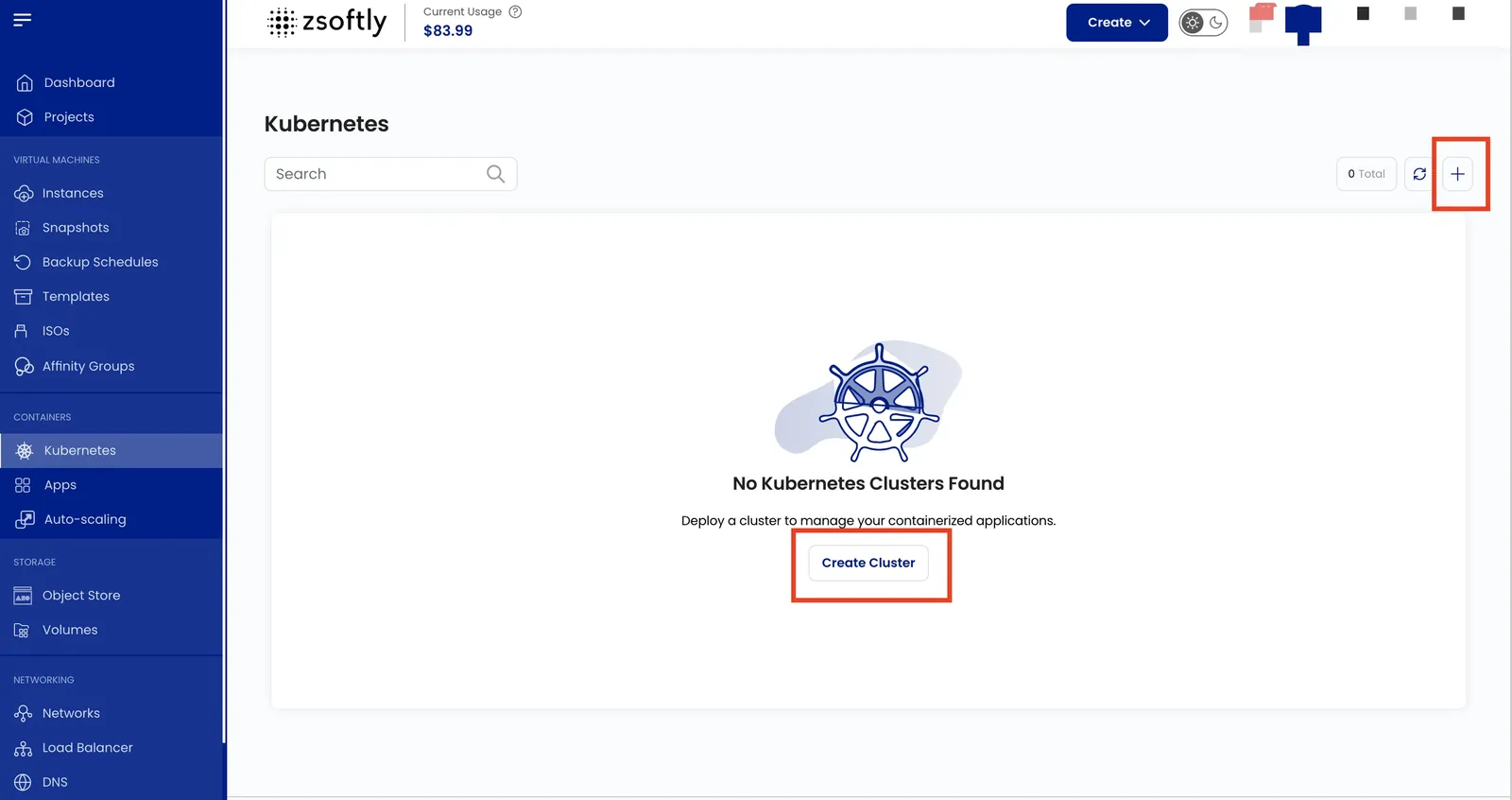 Kubernetes page with the Create Cluster (+) button