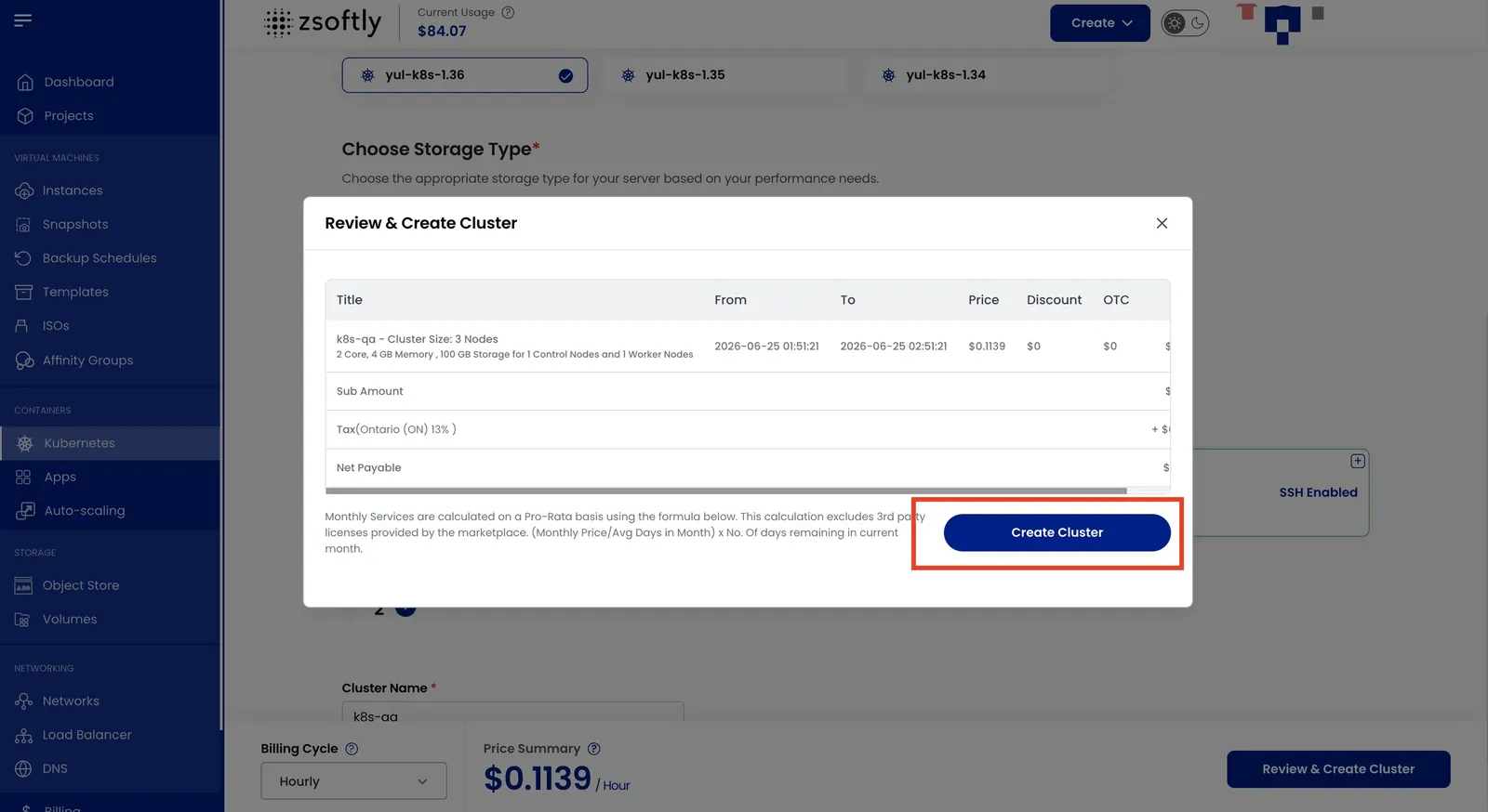 Create Kubernetes Cluster form: project, location, capacity, advanced settings, name, and billing