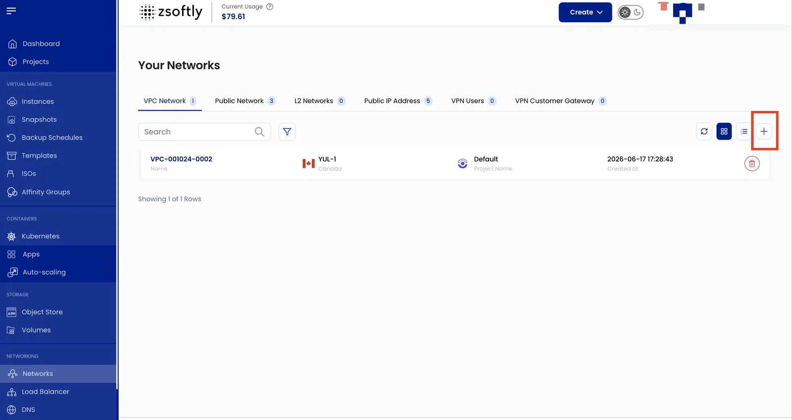 Networks page on the Public Network tab with the add (+) button