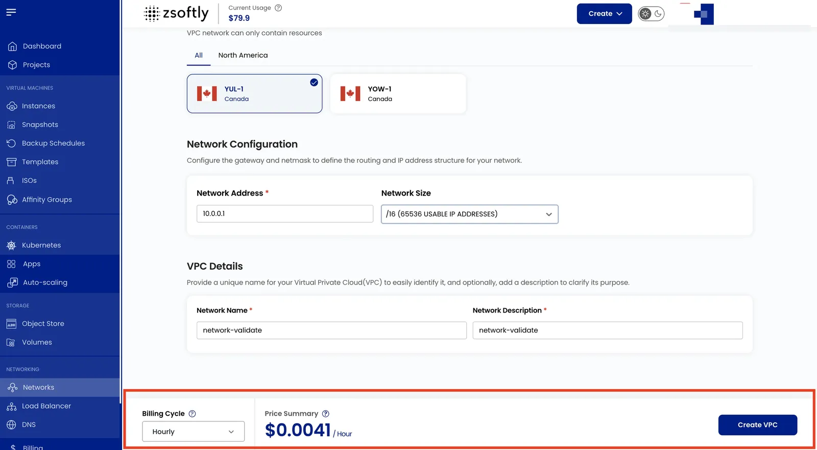 Create Public Network: billing cycle and price summary