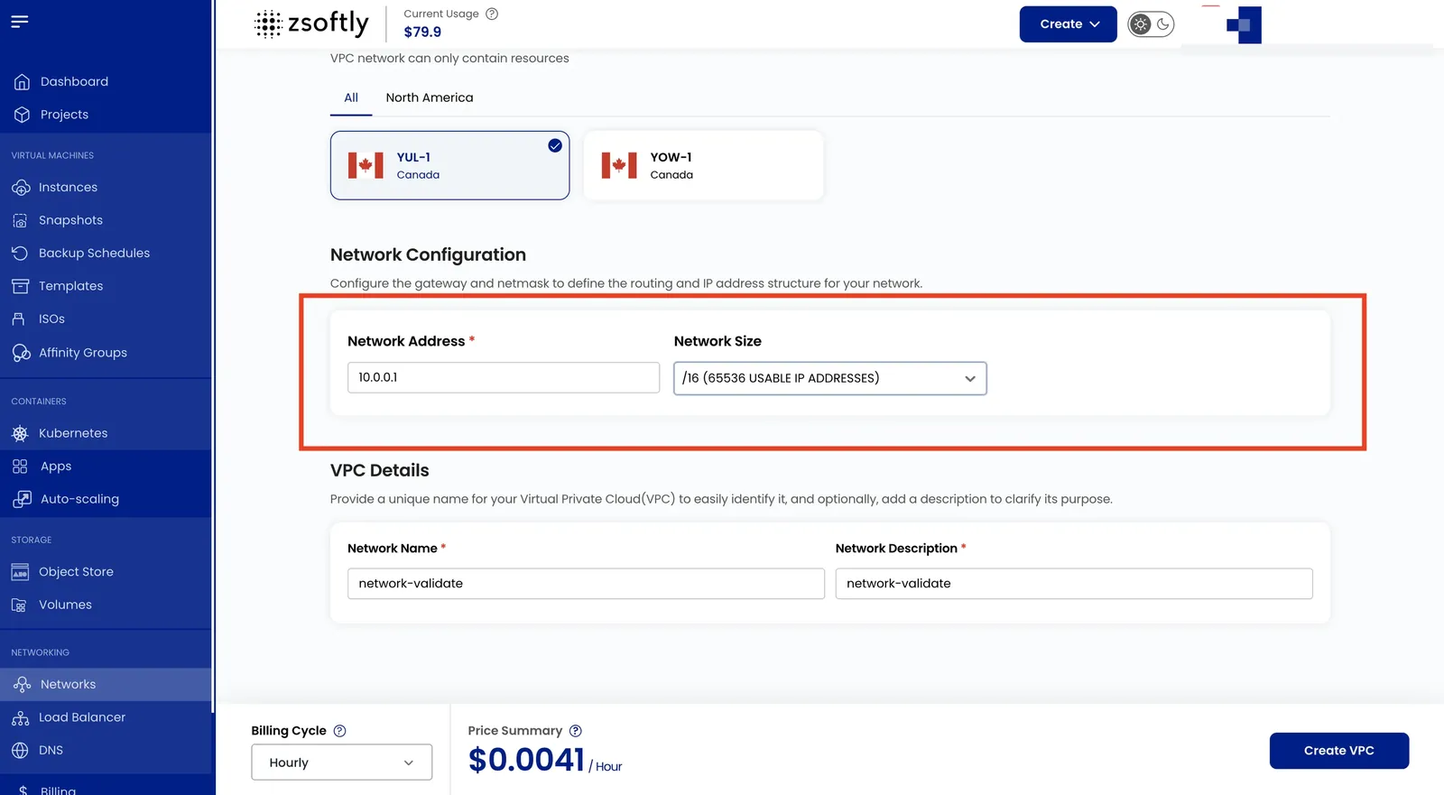 Create Public Network: gateway and network mask configuration