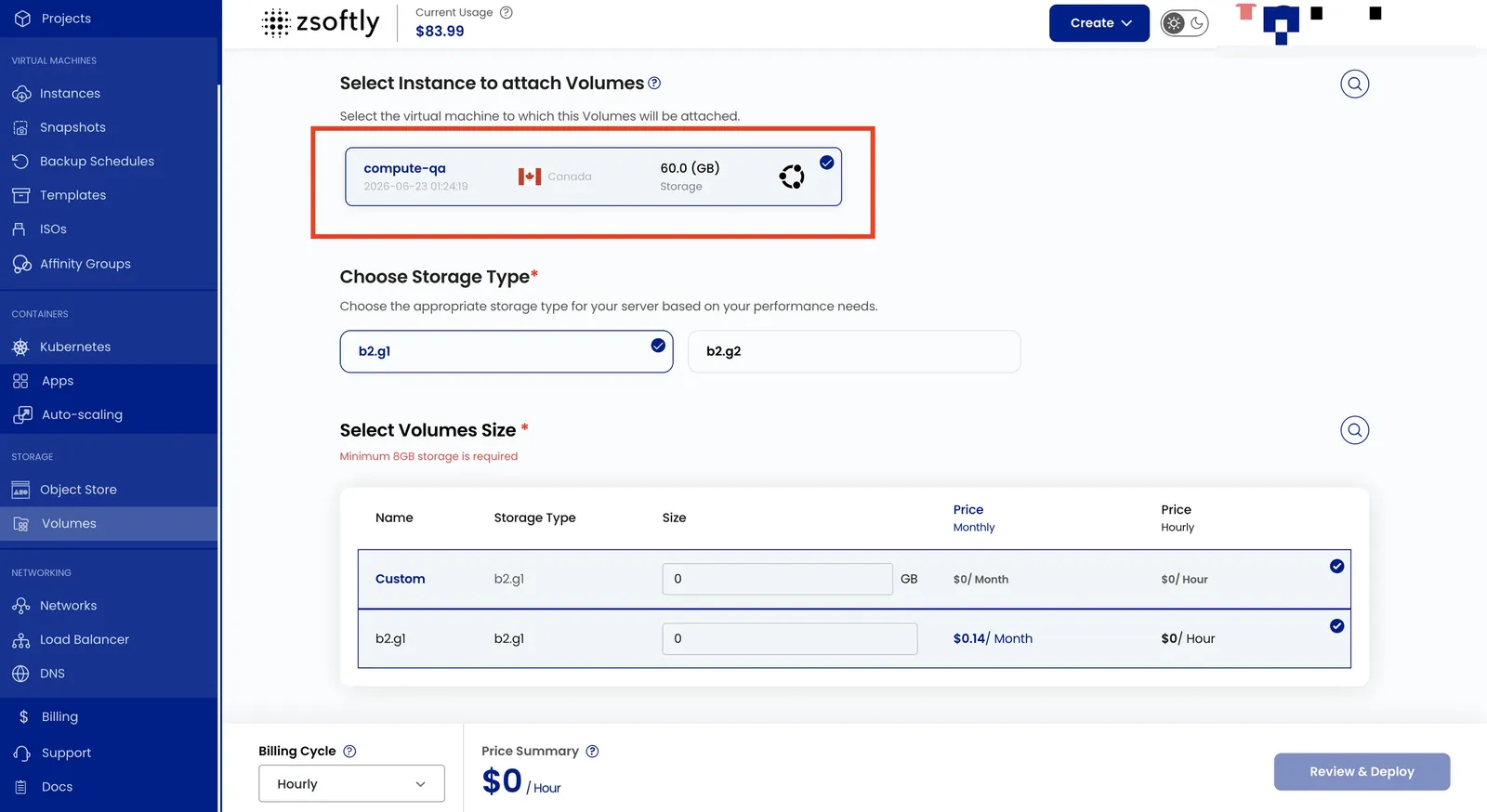 Create Block Storage: choose the instance to attach to