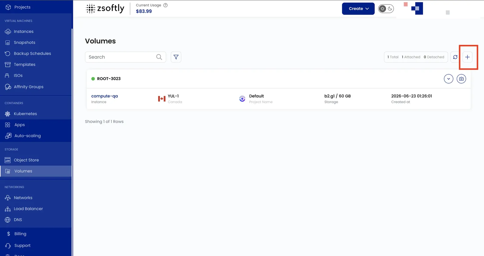 Block Storages page with the Create Block Storage (+) button
