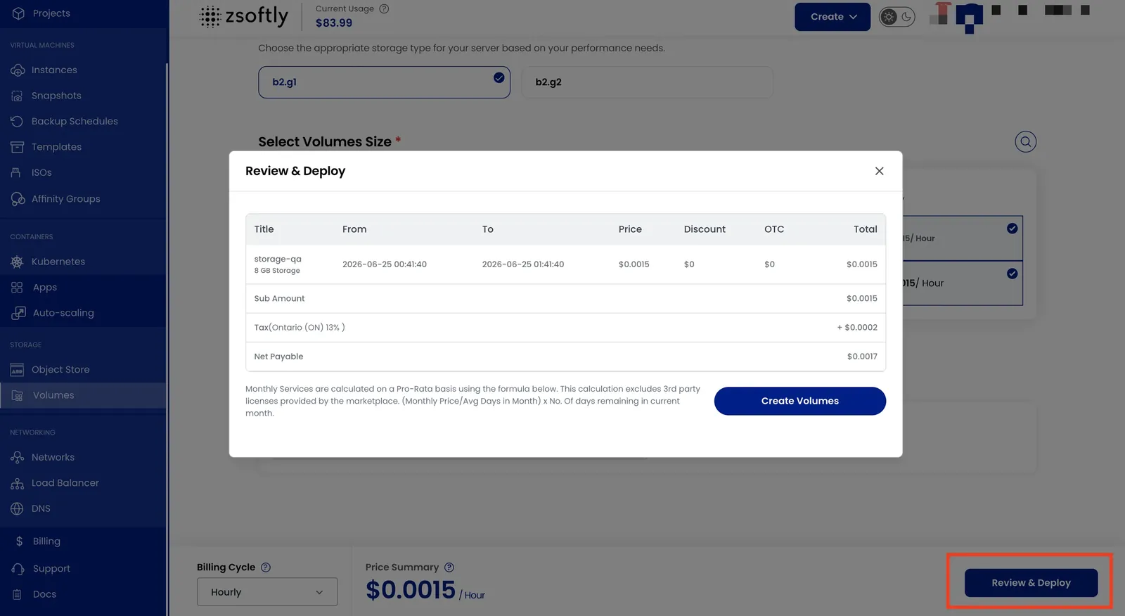 Create Block Storage: billing options and Create Volume