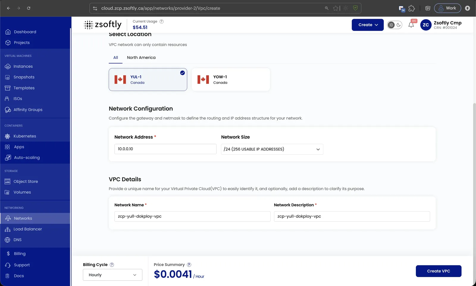 Create VPC Network form: Network Address, Network Size, Network Name, and Description