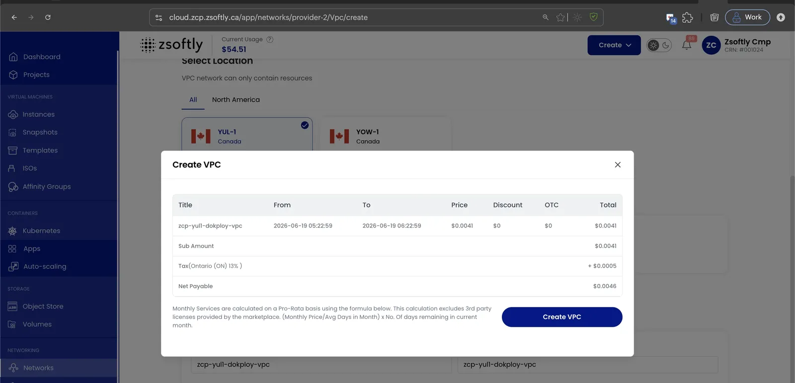Create VPC confirmation dialog with the price breakdown