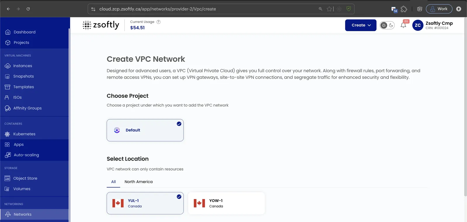Create VPC Network form: Choose Project and Select Location