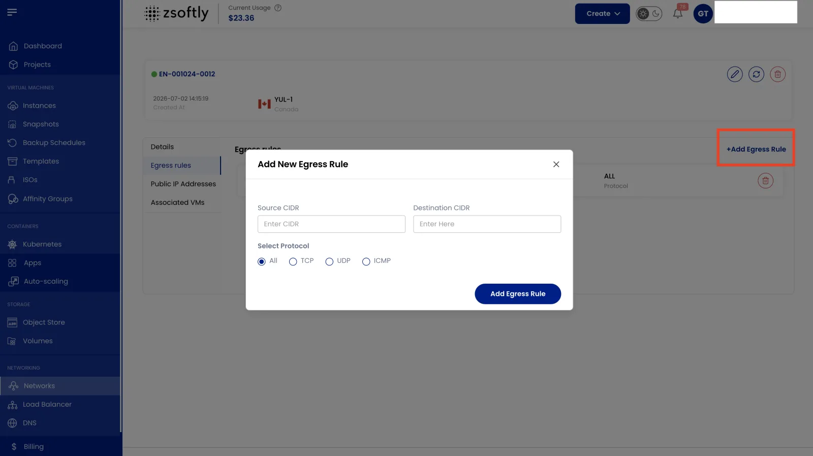 Egress Rules tab listing outbound rules with the Add Egress Rule button