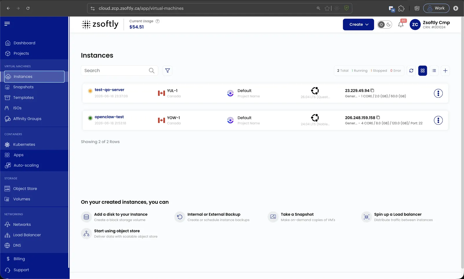 ZCP portal Instances list showing each VM's status, region, project, OS, and IP