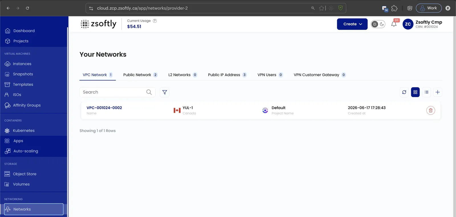 Your Networks page on the VPC Network tab, with the add (+) button