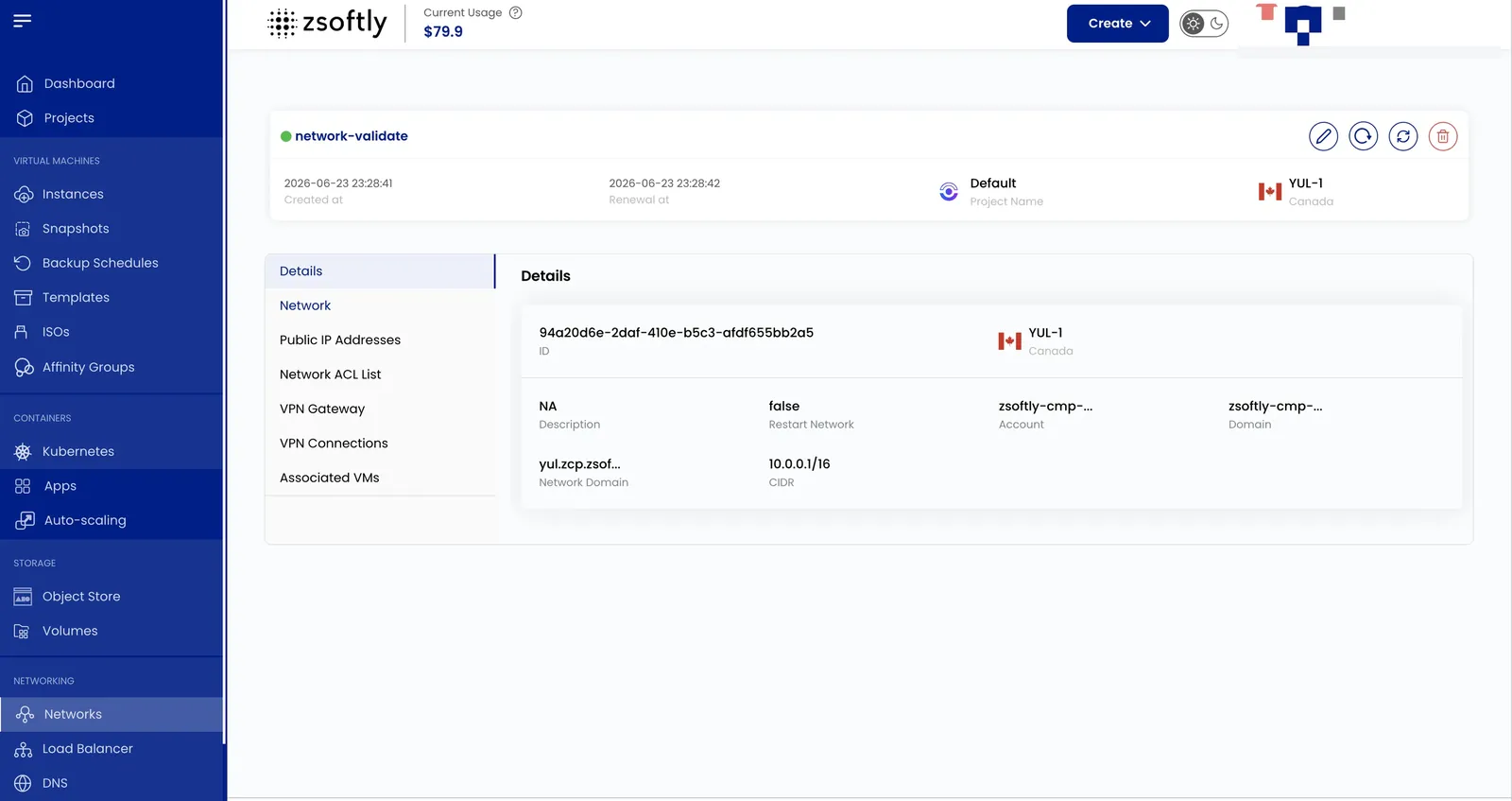 Public Network Overview tab showing network ID, type, traffic types, gateway, netmask, and CIDR