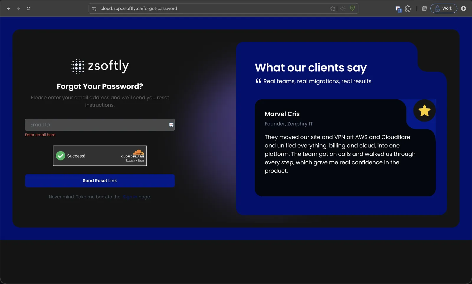 ZCP portal forgot-password page with the email field and Send Reset Link button