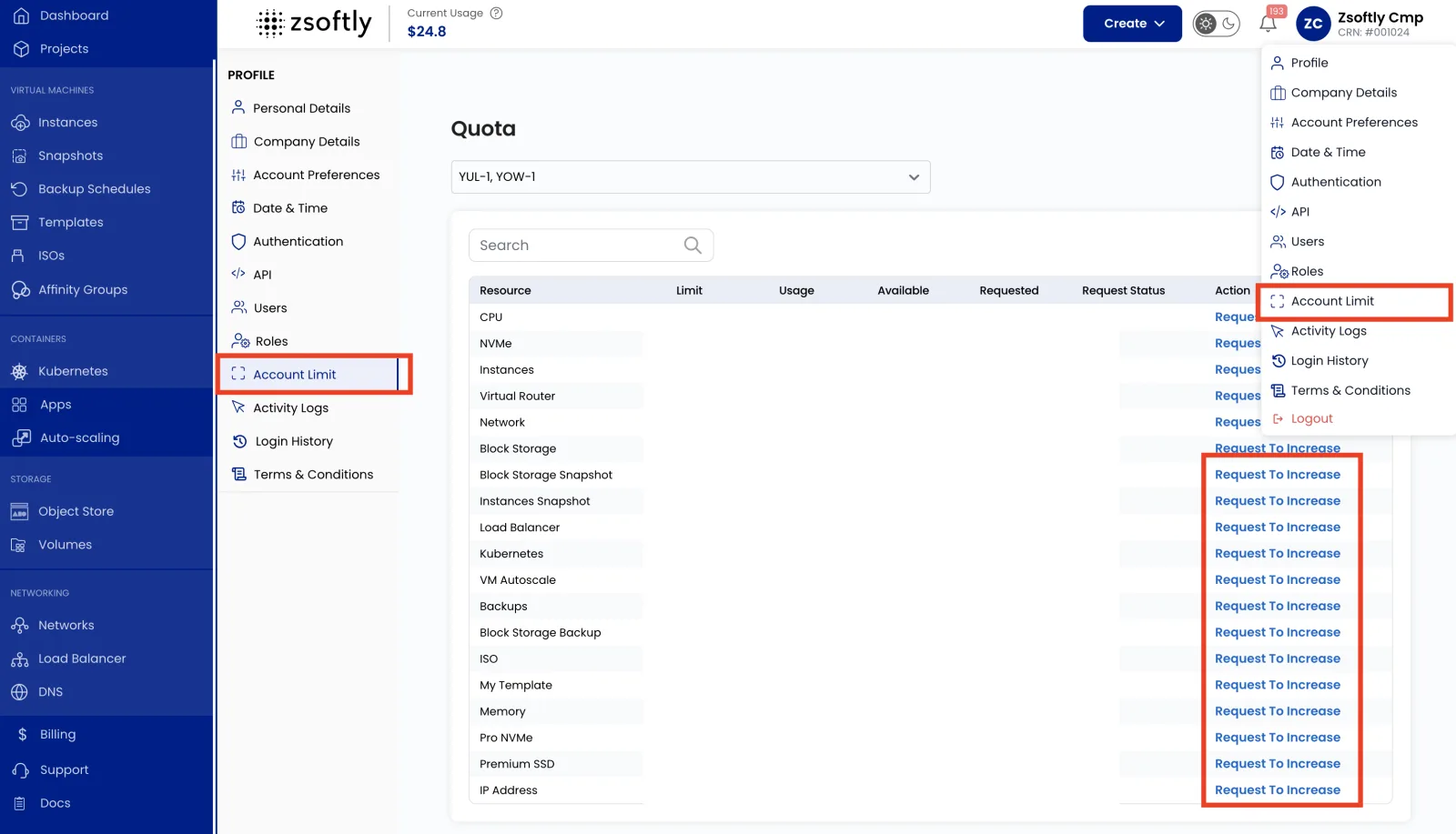 Account Limit page showing the resource allocation table with the Request To Increase button