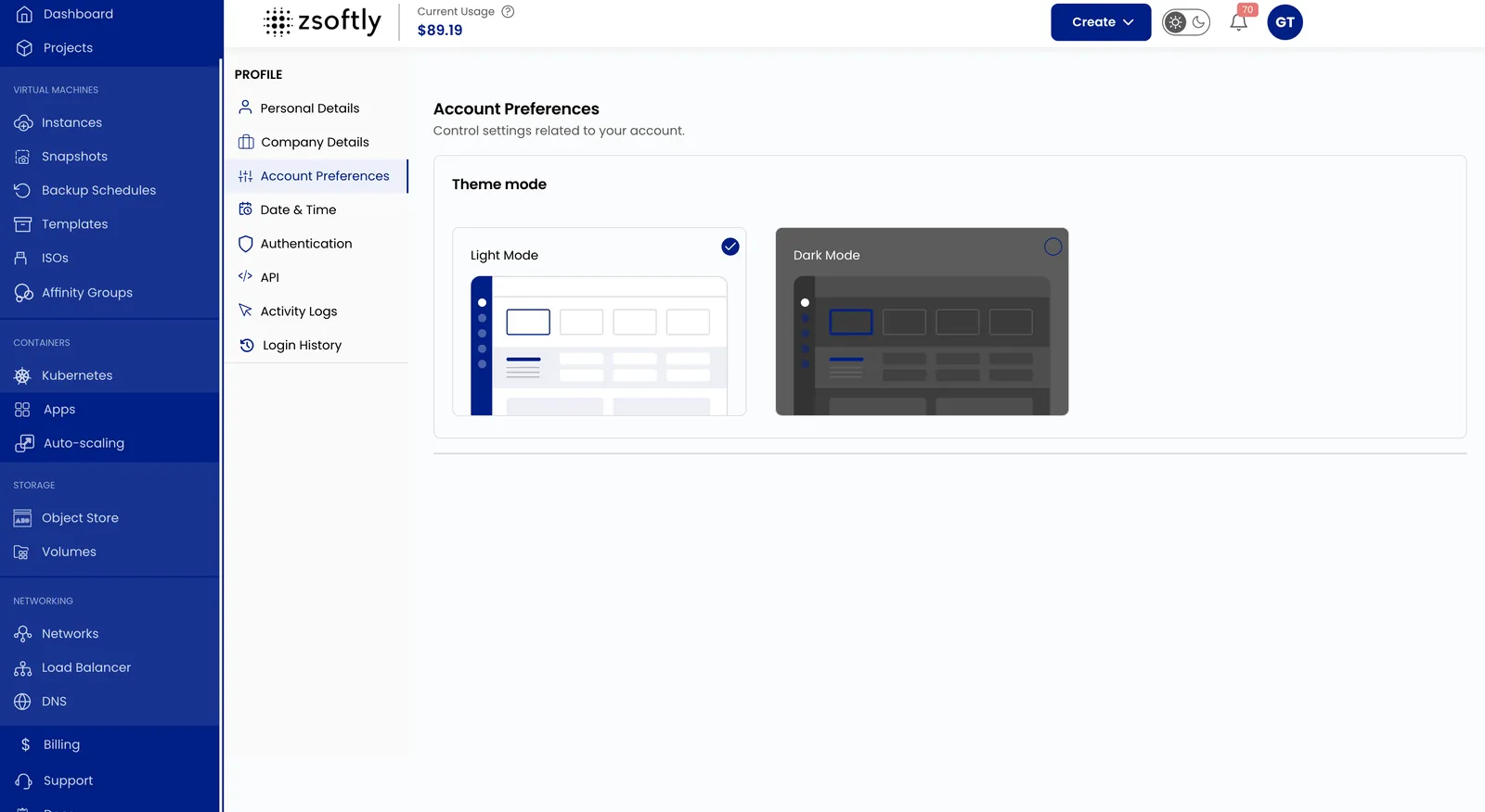 Account Preferences with Light and Dark mode options