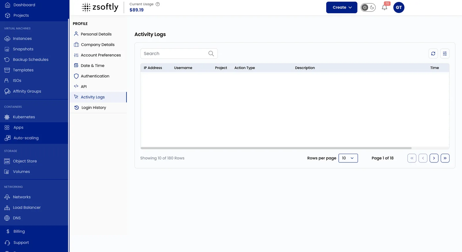 Activity Logs with the search filter