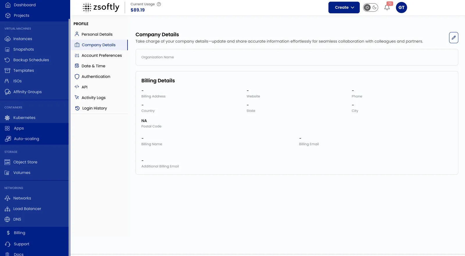 Billing Details section under Company Details