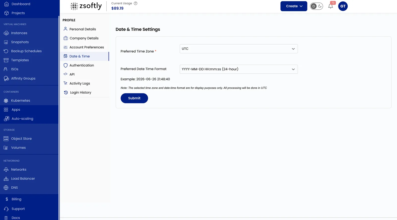 Date & Time settings with time zone and date format options