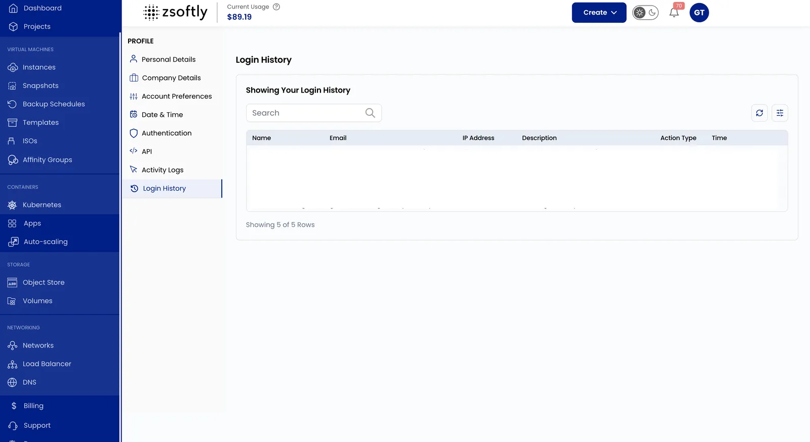 Login History showing recent login records