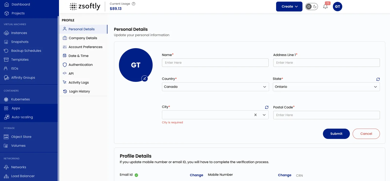 Personal Details page in the Profile menu