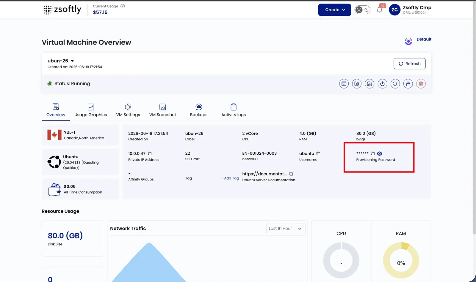 Virtual Machine Overview with the Provisioning Password field highlighted