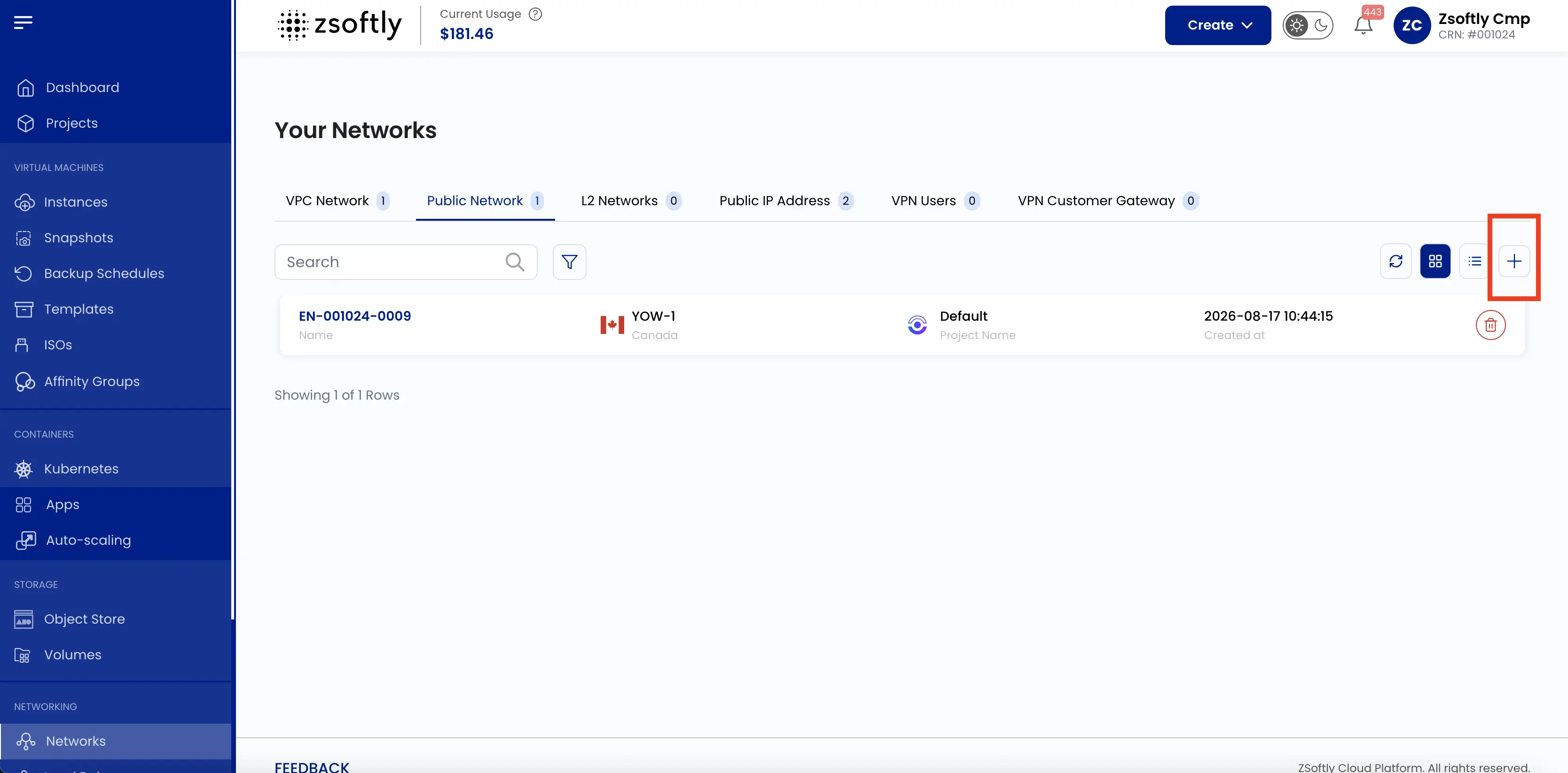 Networks page on the Public Network tab with the add (+) button