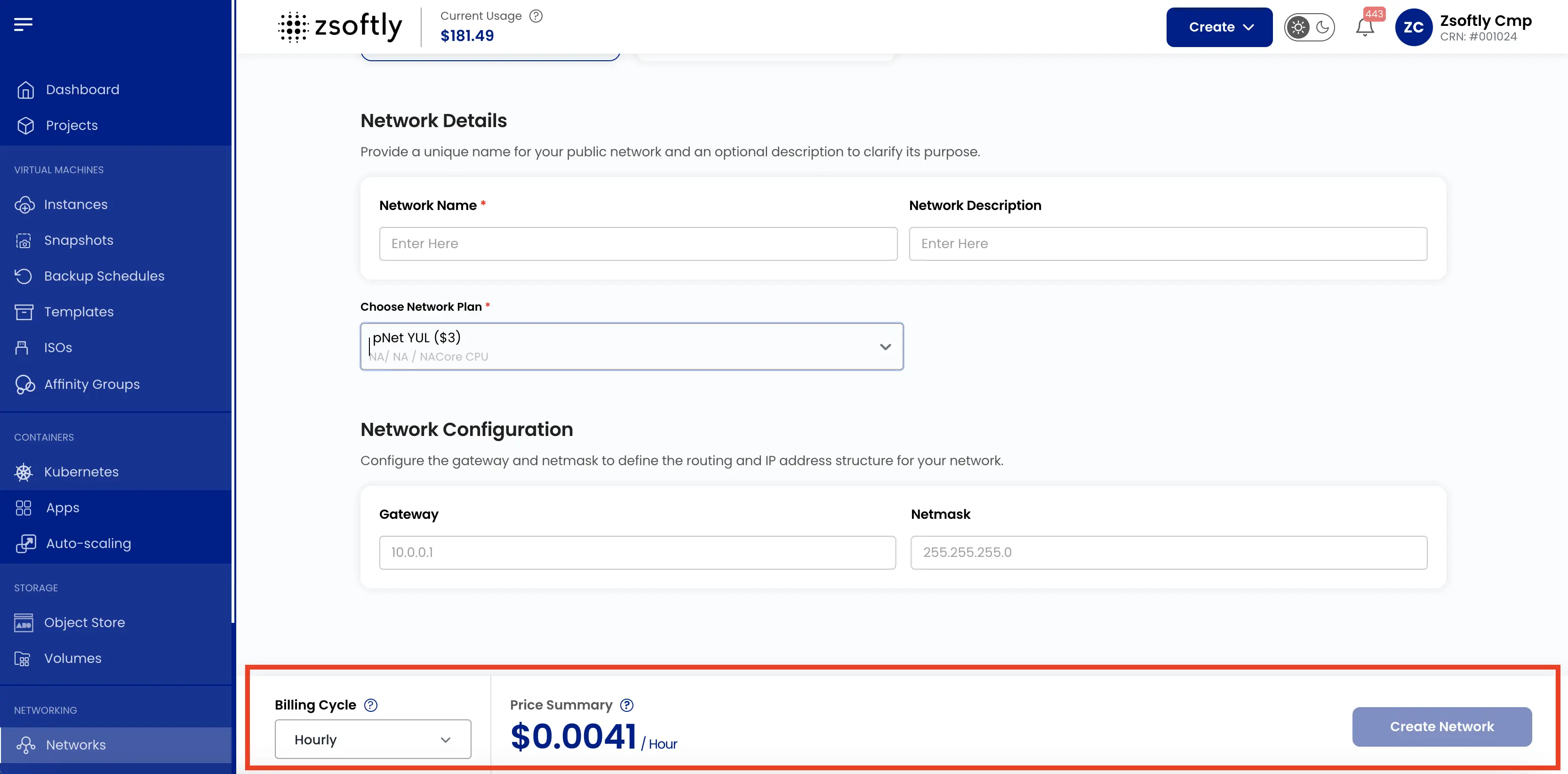 Create Public Network: billing cycle and price summary
