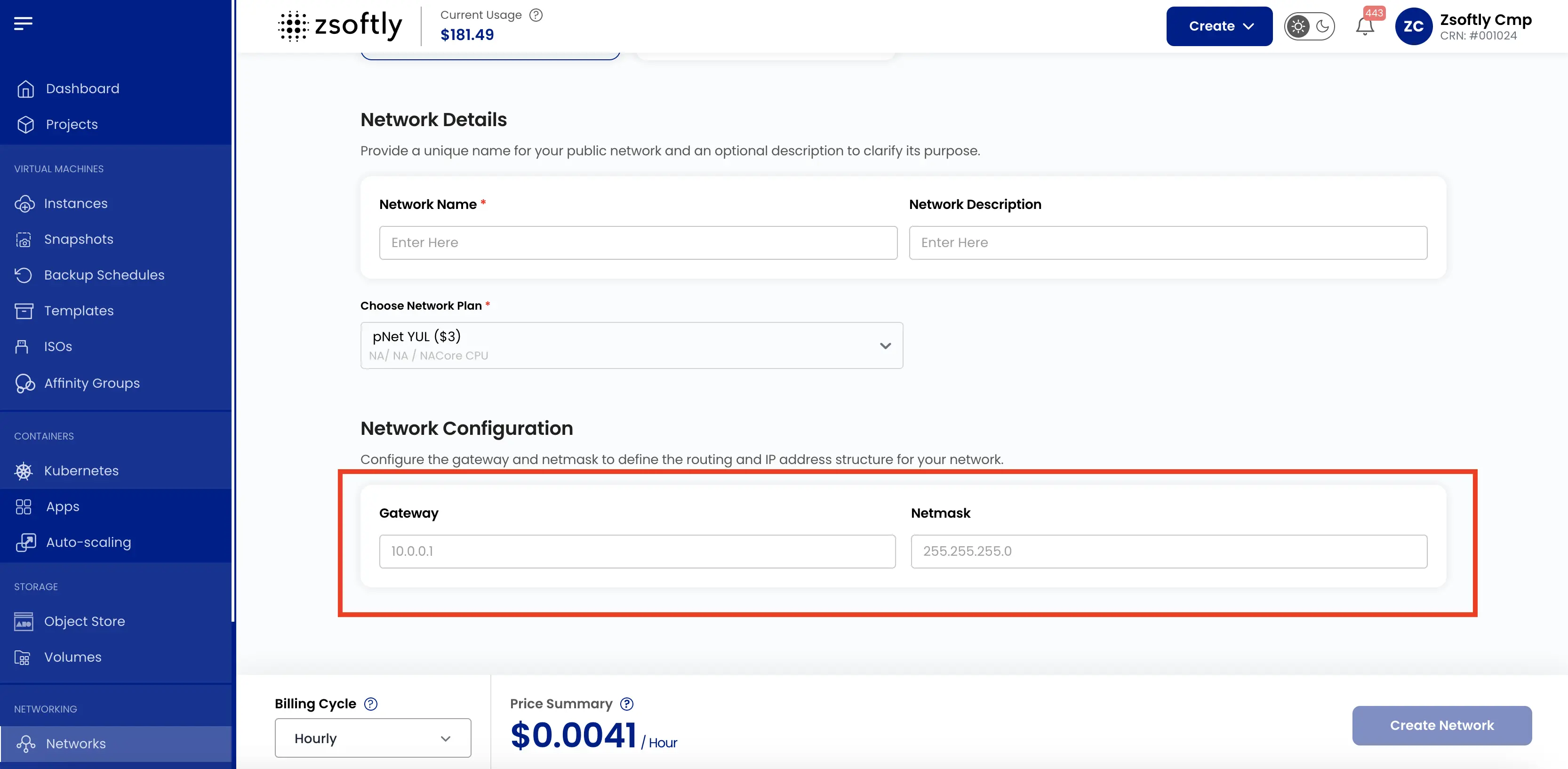 Create Public Network: gateway and network mask configuration