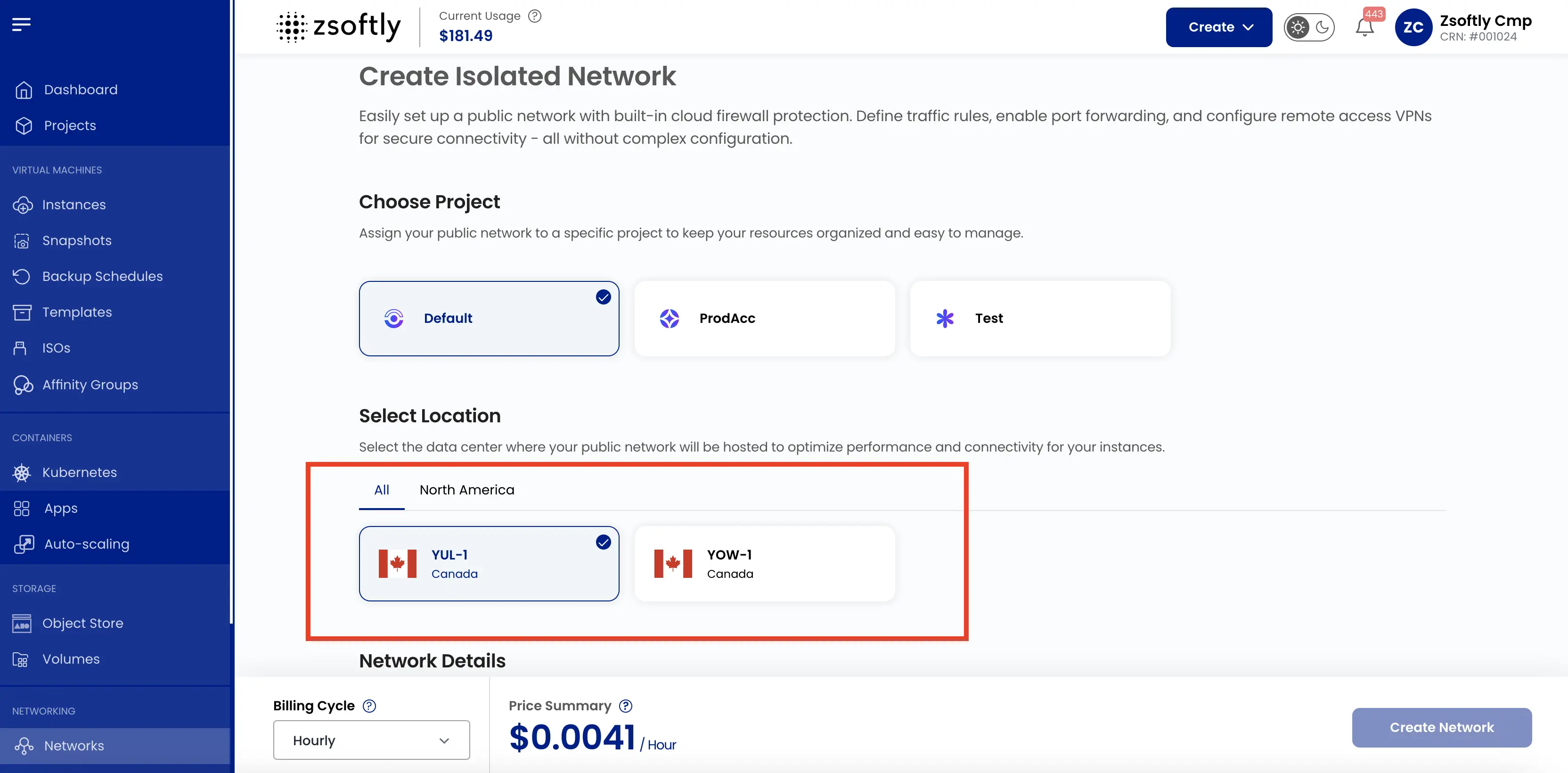 Create Public Network: choose a location