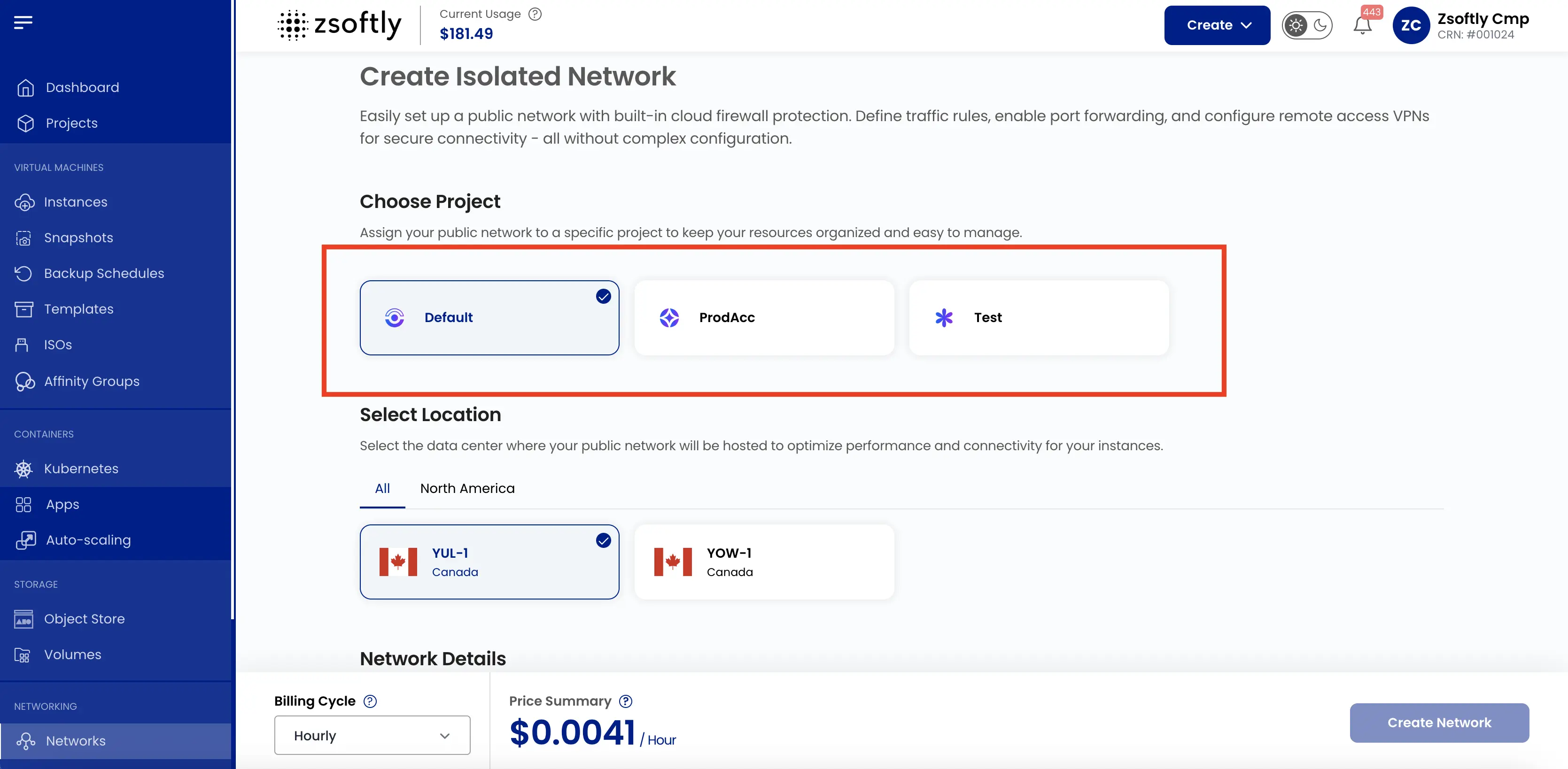 Create Public Network: assign to a project