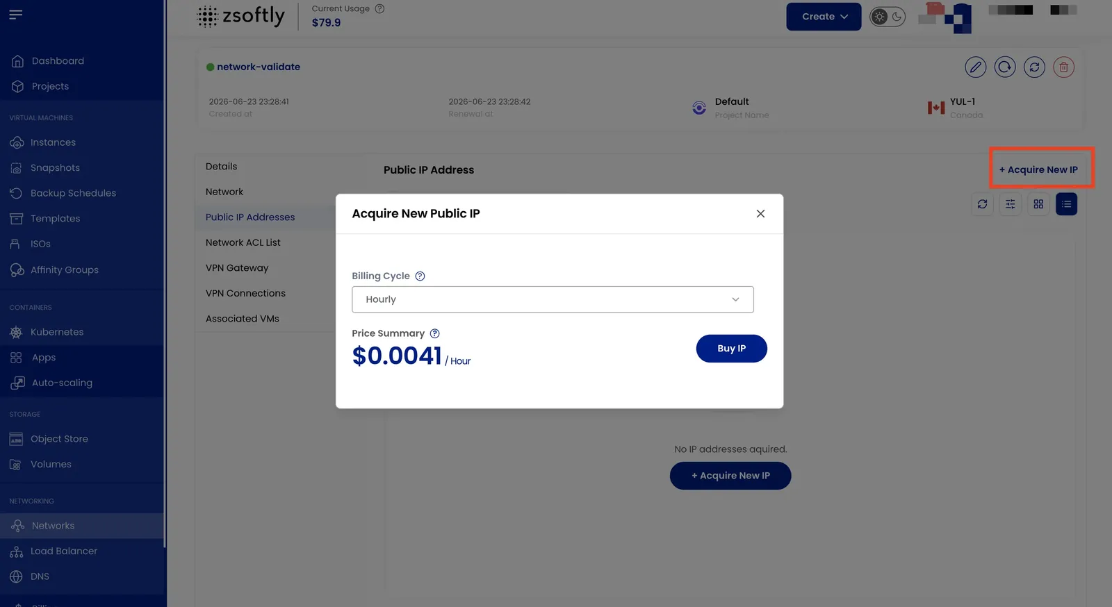 Public IP Addresses tab with the Acquire New IP button