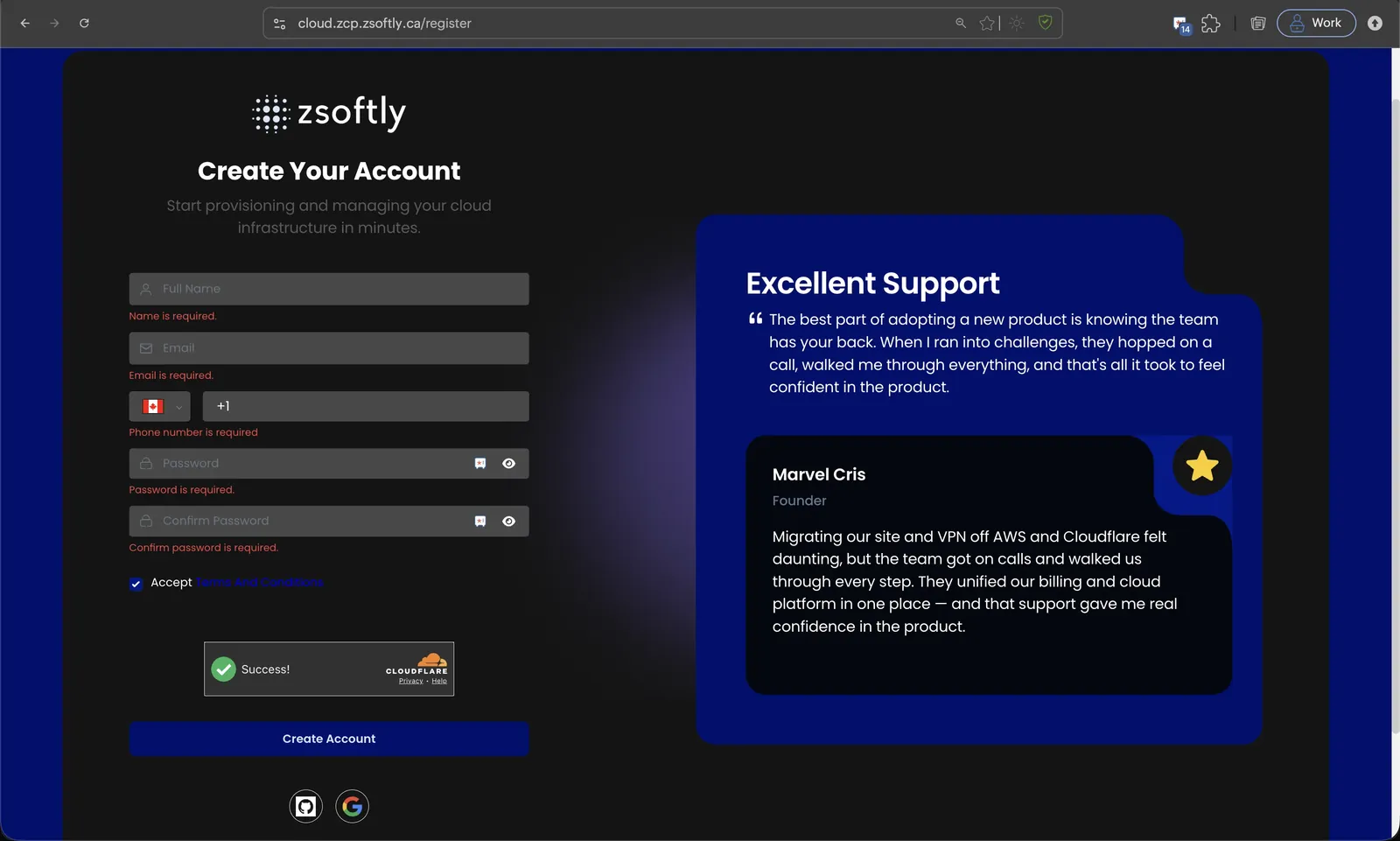ZCP registration page with the Create Your Account form