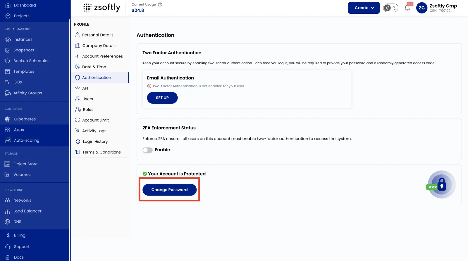 Formulaire de changement de mot de passe dans la section Authentification du profil